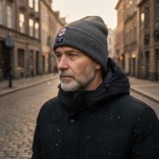 Czapka zimowa Dywizjon 303 na głowie starszego mężczyzny