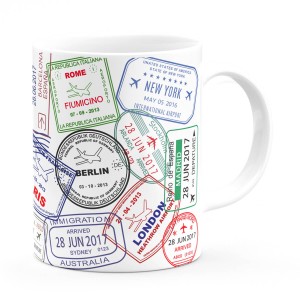 Biały kubek Traveler Mug kubek dla podróżników paszportowe pieczątki