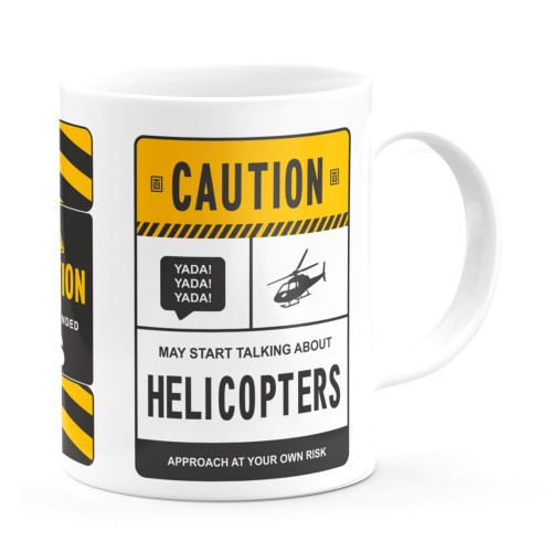 Biały kubek CAUTION HELICOPTERS ucho po prawej