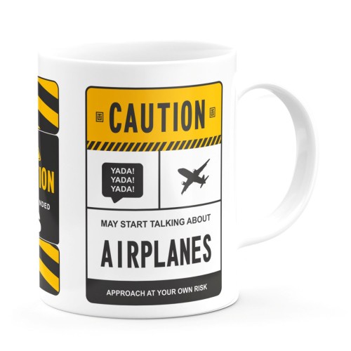 Biały kubek CAUTION AIRPLANES ucho po prawej